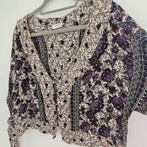 Storia Shirt Womens Small Cream Purple‎ Bohemian Floral Peasant Blouse Tie Cuffs